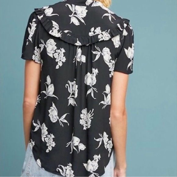 Maeve by Anthropologie • Black Floral Adagio Ruffle Button Top Tie Neck Sz Small - Picture 3 of 10